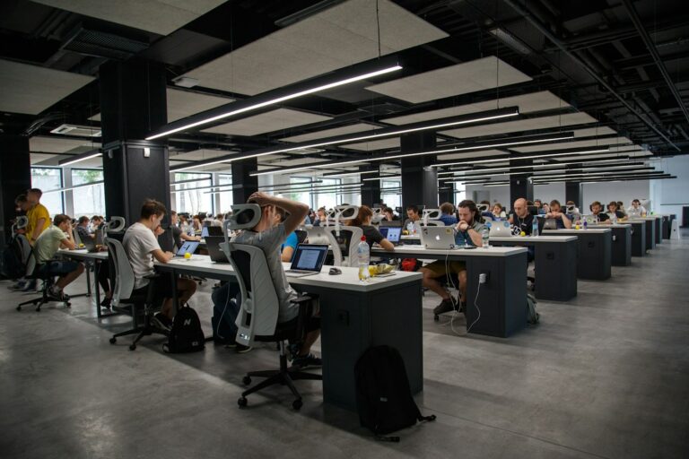 A modern shared workspace with computers