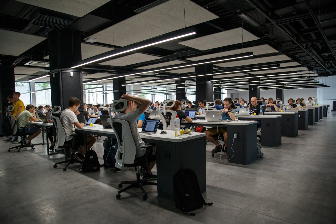 A modern shared workspace with computers